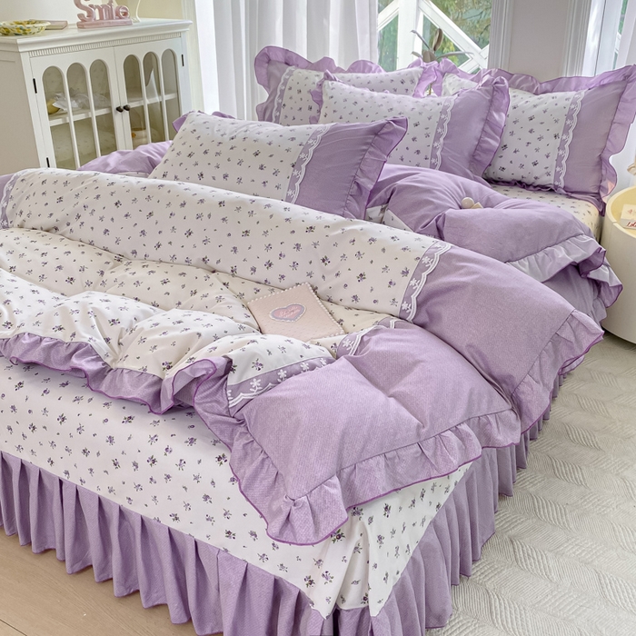 91家纺网 家纺一手货源 找家纺 皇谱家纺 2025新款A类有氧木棉床裙四件套 蓝风铃