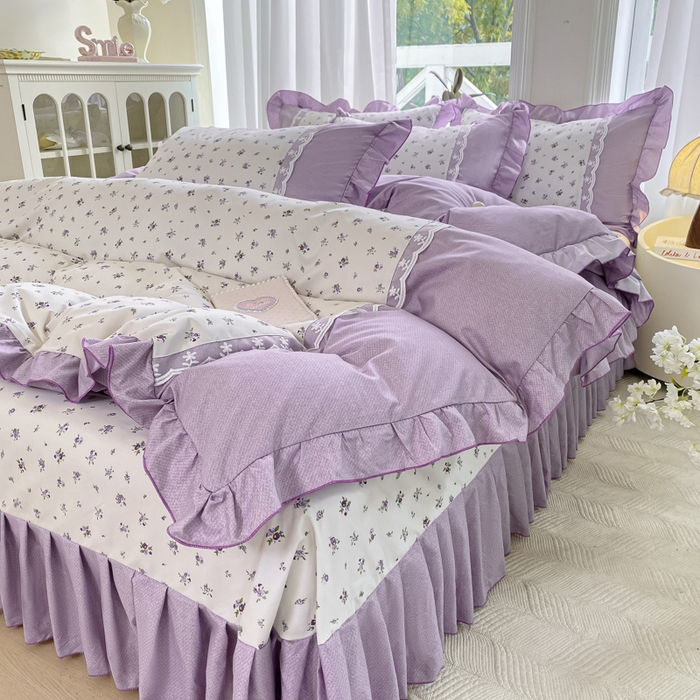 91家纺网 家纺一手货源 找家纺 皇谱家纺 2025新款A类有氧木棉床裙四件套 蓝风铃