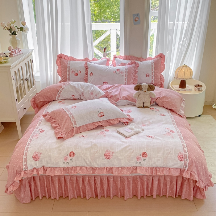 皇谱家纺 2025新款A类有氧木棉床裙四件套 恋曲-红