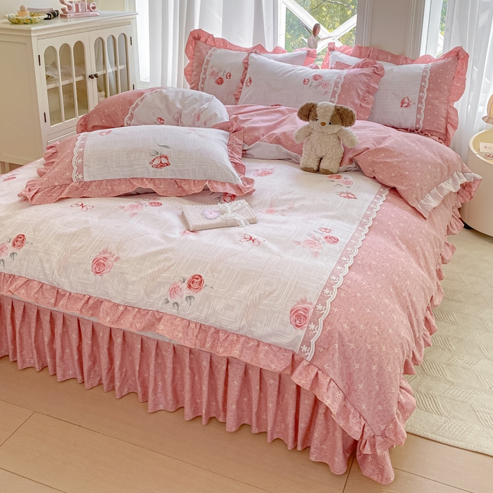 91家纺网 家纺一手货源 找家纺 皇谱家纺 2025新款A类有氧木棉床裙四件套 恋曲-红