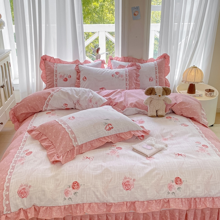 91家纺网 家纺一手货源 找家纺 皇谱家纺 2025新款A类有氧木棉床裙四件套 恋曲-红