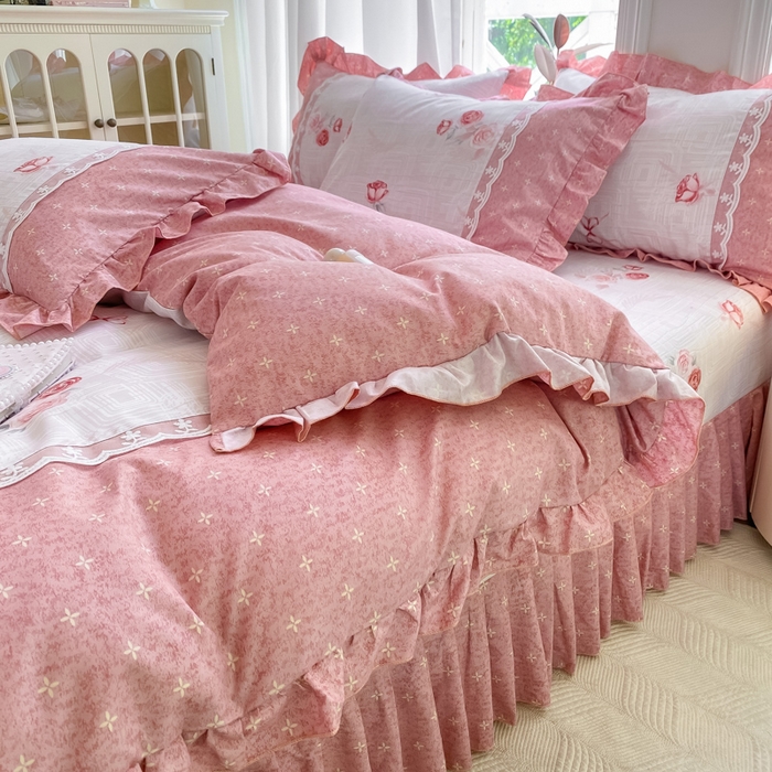 91家纺网 家纺一手货源 找家纺 皇谱家纺 2025新款A类有氧木棉床裙四件套 恋曲-红