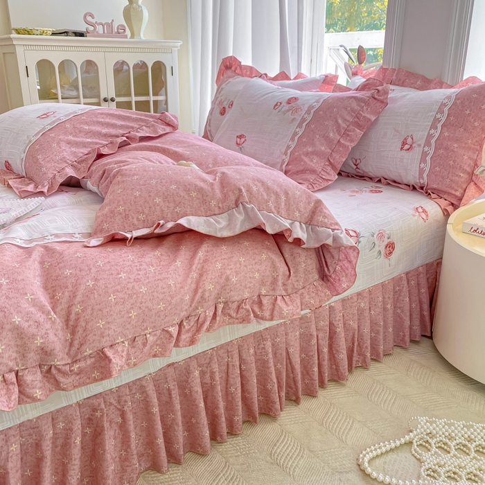 91家纺网 家纺一手货源 找家纺 皇谱家纺 2025新款A类有氧木棉床裙四件套 恋曲-红