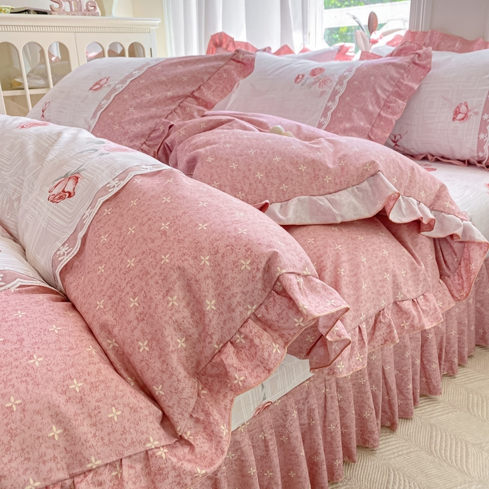 91家纺网 家纺一手货源 找家纺 皇谱家纺 2025新款A类有氧木棉床裙四件套 恋曲-红