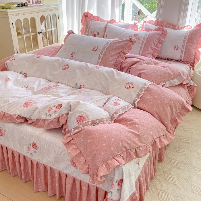 91家纺网 家纺一手货源 找家纺 皇谱家纺 2025新款A类有氧木棉床裙四件套 恋曲-红