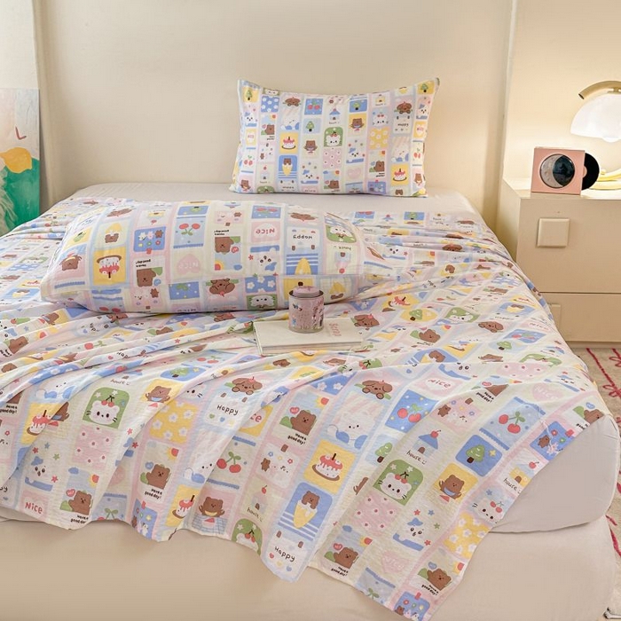 91家纺网 家纺一手货源 找家纺 温眠家纺 2025春夏新款A类云感棉双层纱床单单床单枕套三件套 春日花花