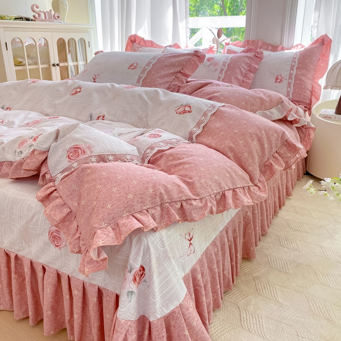 91家纺网 家纺一手货源 找家纺 皇谱家纺 2025新款A类有氧木棉床裙四件套 恋曲-红