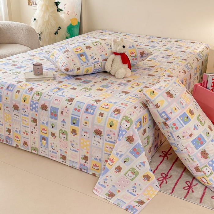 91家纺网 家纺一手货源 找家纺 温眠家纺 2025春夏新款A类云感棉双层纱床单单床单枕套三件套 春日花花