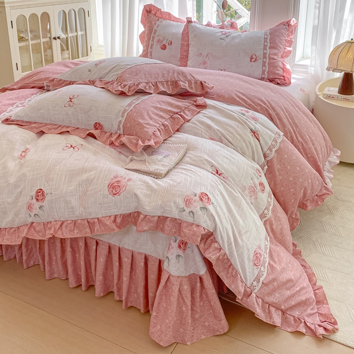 91家纺网 家纺一手货源 找家纺 皇谱家纺 2025新款A类有氧木棉床裙四件套 恋曲-红