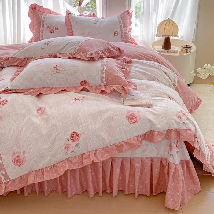 91家纺网 家纺一手货源 找家纺 皇谱家纺 2025新款A类有氧木棉床裙四件套 恋曲-红