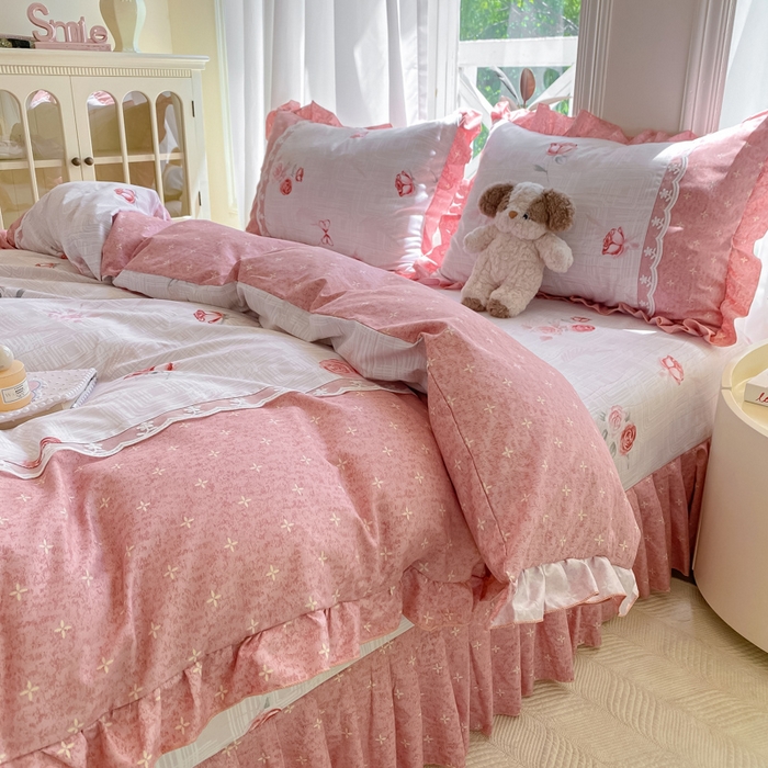 91家纺网 家纺一手货源 找家纺 皇谱家纺 2025新款A类有氧木棉床裙四件套 恋曲-红