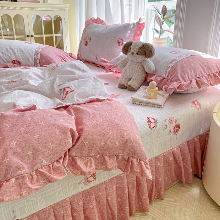 91家纺网 家纺一手货源 找家纺 皇谱家纺 2025新款A类有氧木棉床裙四件套 恋曲-红