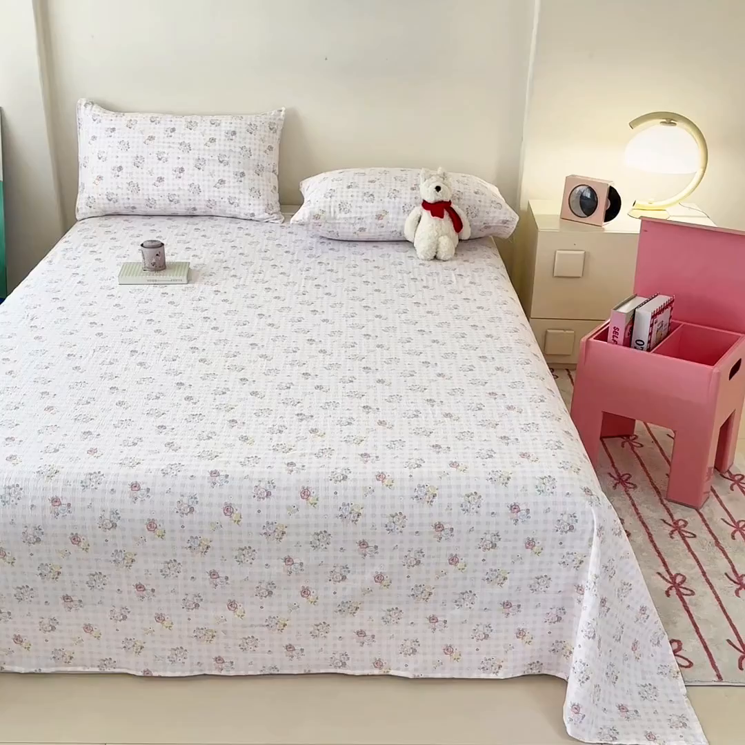 91家纺网 家纺一手货源 找家纺 温眠家纺 2025春夏新款A类云感棉双层纱床单单床单枕套三件套 花漾甜心
