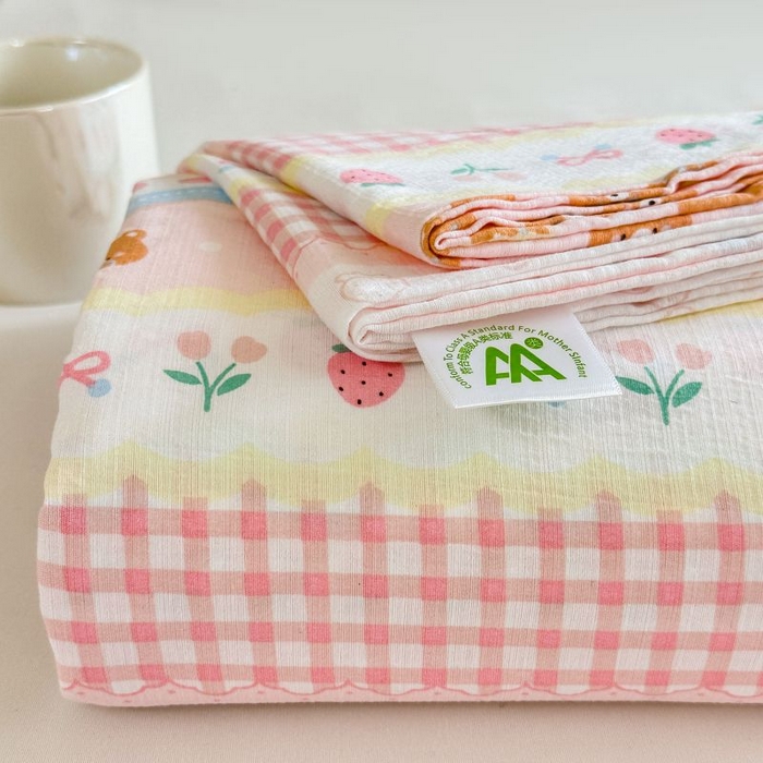 温眠家纺 2025春夏新款A类云感棉双层纱床单单床单枕套三件套 草莓蛋糕