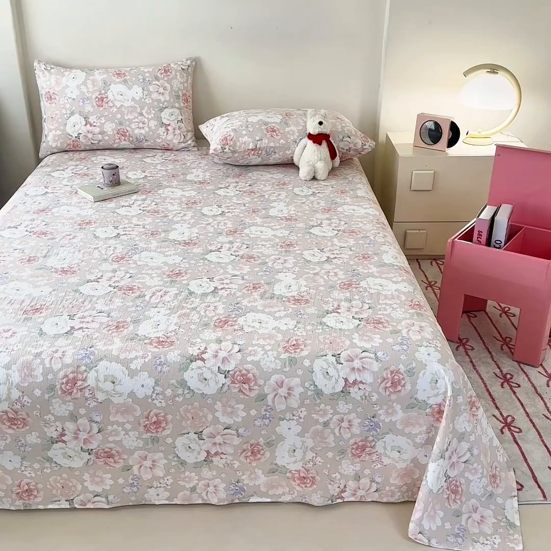 91家纺网 家纺一手货源 找家纺 温眠家纺 2025春夏新款A类云感棉双层纱床单单床单枕套三件套 国色芳华