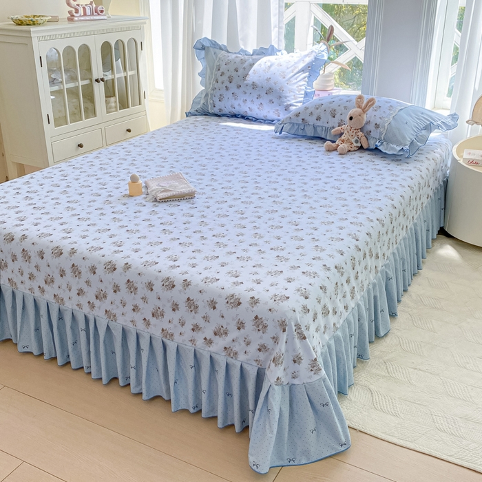 91家纺网 家纺一手货源 找家纺 皇谱家纺 2025新款A类有氧木棉床裙四件套 玫瑰山茶-兰