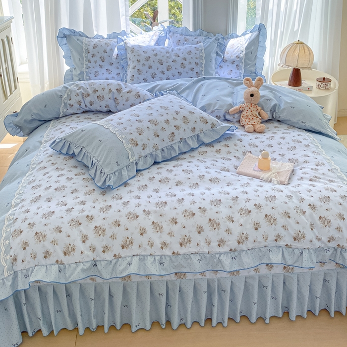 91家纺网 家纺一手货源 找家纺 皇谱家纺 2025新款A类有氧木棉床裙四件套 玫瑰山茶-兰