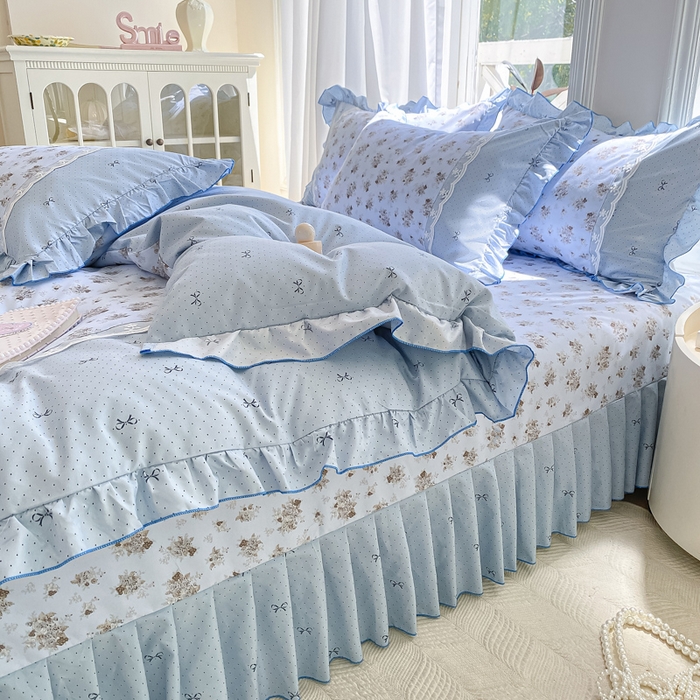 91家纺网 家纺一手货源 找家纺 皇谱家纺 2025新款A类有氧木棉床裙四件套 玫瑰山茶-兰