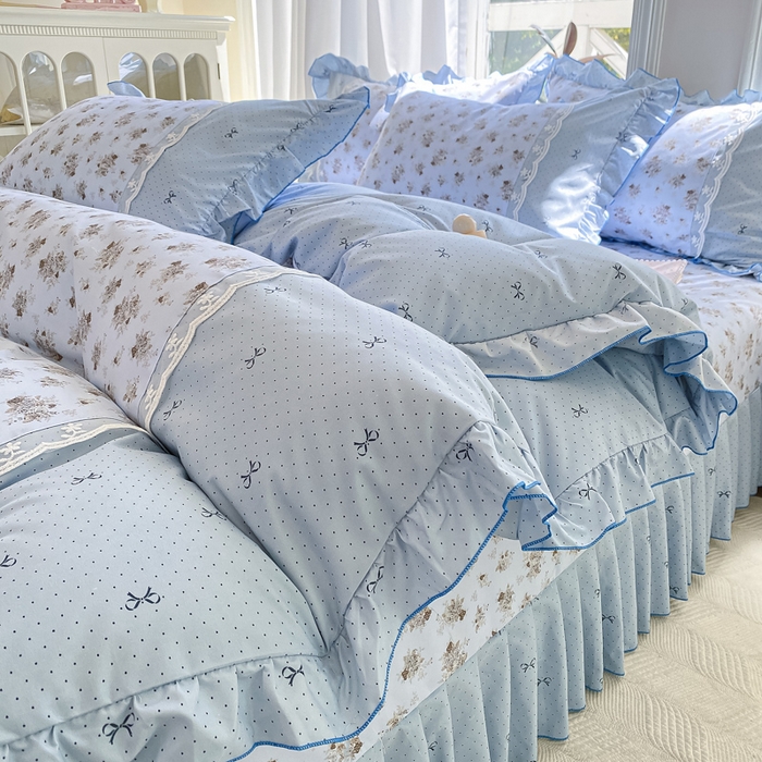 91家纺网 家纺一手货源 找家纺 皇谱家纺 2025新款A类有氧木棉床裙四件套 玫瑰山茶-兰