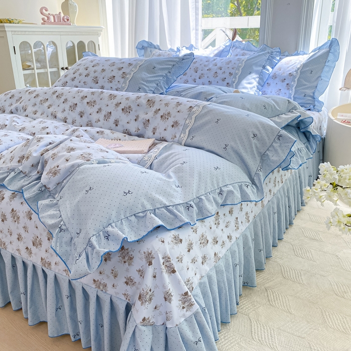 91家纺网 家纺一手货源 找家纺 皇谱家纺 2025新款A类有氧木棉床裙四件套 玫瑰山茶-兰