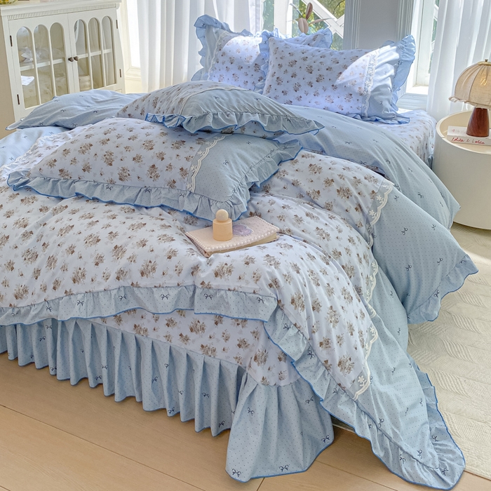 91家纺网 家纺一手货源 找家纺 皇谱家纺 2025新款A类有氧木棉床裙四件套 玫瑰山茶-兰