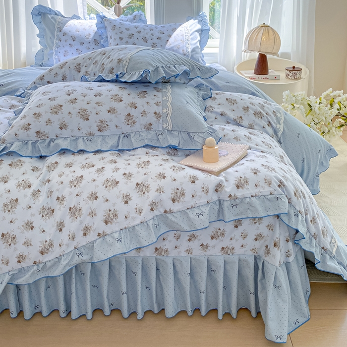 91家纺网 家纺一手货源 找家纺 皇谱家纺 2025新款A类有氧木棉床裙四件套 玫瑰山茶-兰