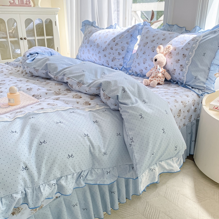 91家纺网 家纺一手货源 找家纺 皇谱家纺 2025新款A类有氧木棉床裙四件套 玫瑰山茶-兰