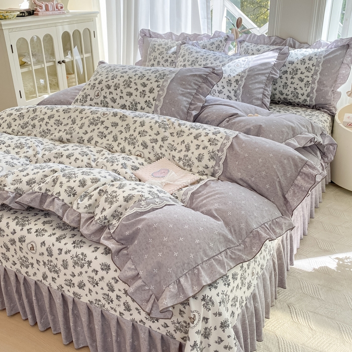 91家纺网 家纺一手货源 找家纺 皇谱家纺 2025新款A类有氧木棉床裙四件套 墨雨云间