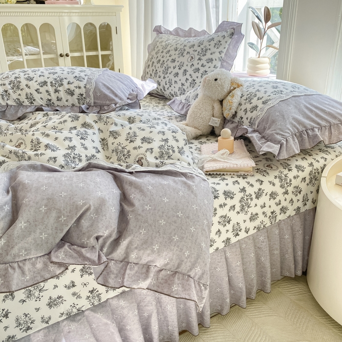 91家纺网 家纺一手货源 找家纺 皇谱家纺 2025新款A类有氧木棉床裙四件套 墨雨云间