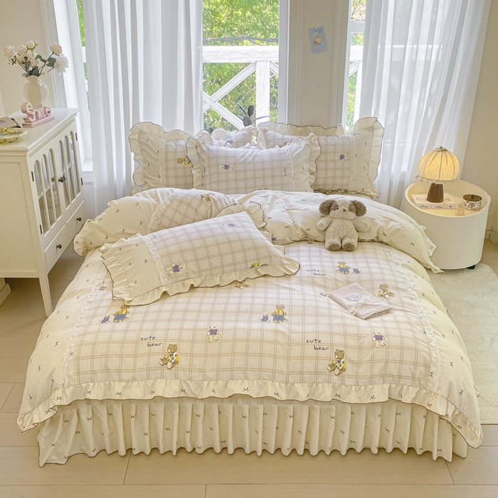 皇谱家纺 2025新款A类有氧木棉床裙四件套 奶咖熊