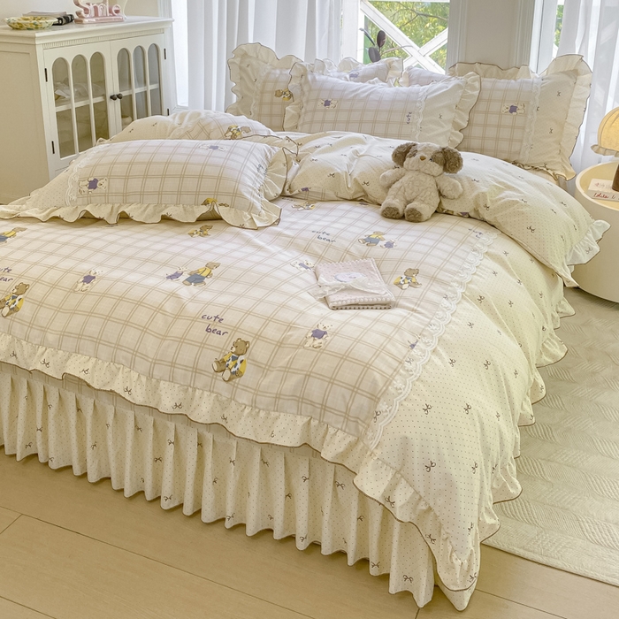 91家纺网 家纺一手货源 找家纺 皇谱家纺 2025新款A类有氧木棉床裙四件套 奶咖熊