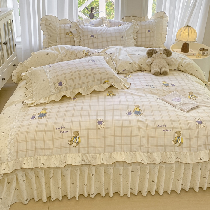 91家纺网 家纺一手货源 找家纺 皇谱家纺 2025新款A类有氧木棉床裙四件套 奶咖熊