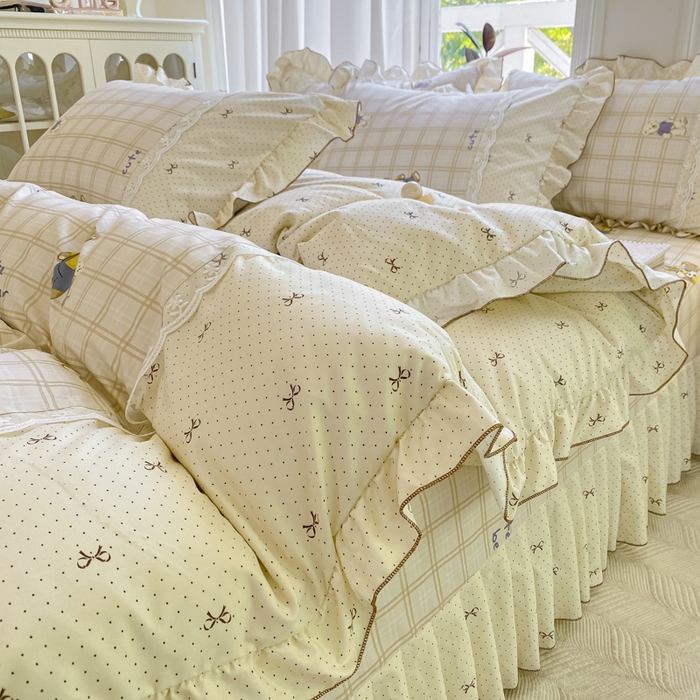 91家纺网 家纺一手货源 找家纺 皇谱家纺 2025新款A类有氧木棉床裙四件套 奶咖熊