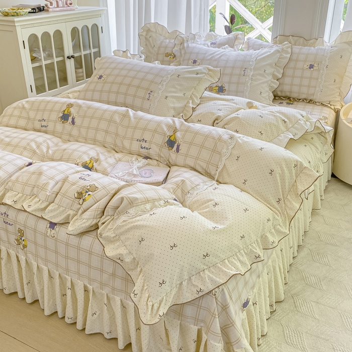 91家纺网 家纺一手货源 找家纺 皇谱家纺 2025新款A类有氧木棉床裙四件套 奶咖熊