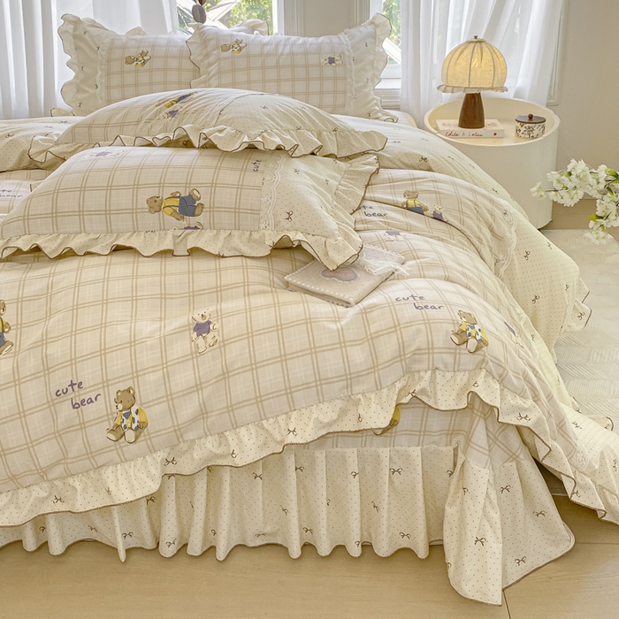 91家纺网 家纺一手货源 找家纺 皇谱家纺 2025新款A类有氧木棉床裙四件套 奶咖熊