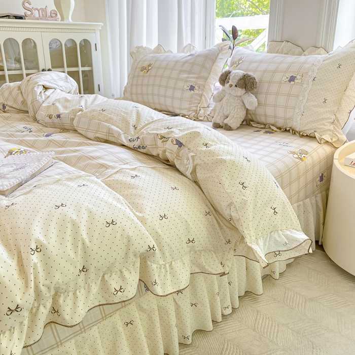 91家纺网 家纺一手货源 找家纺 皇谱家纺 2025新款A类有氧木棉床裙四件套 奶咖熊