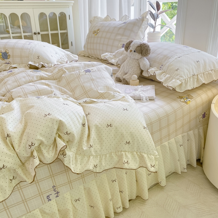 91家纺网 家纺一手货源 找家纺 皇谱家纺 2025新款A类有氧木棉床裙四件套 奶咖熊