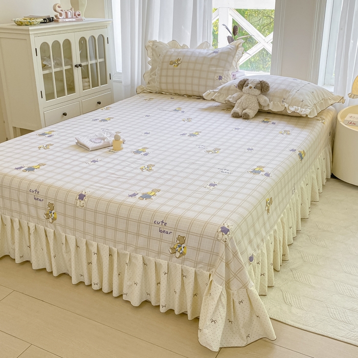 91家纺网 家纺一手货源 找家纺 皇谱家纺 2025新款A类有氧木棉床裙四件套 奶咖熊