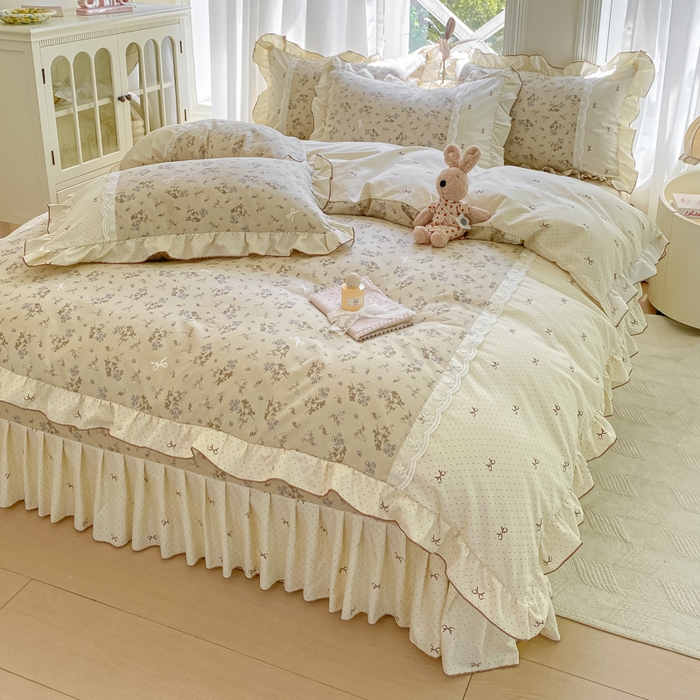 91家纺网 家纺一手货源 找家纺 皇谱家纺 2025新款A类有氧木棉床裙四件套 时光剪影-黄