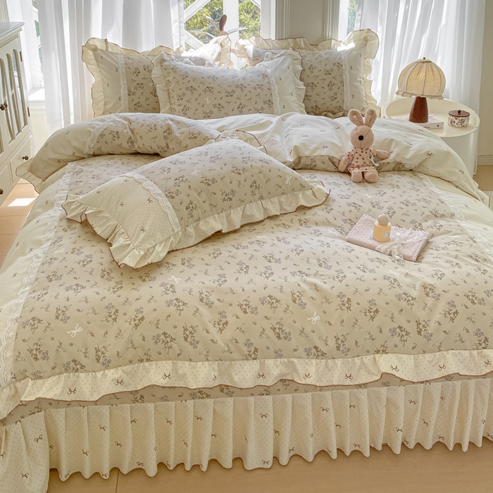 91家纺网 家纺一手货源 找家纺 皇谱家纺 2025新款A类有氧木棉床裙四件套 时光剪影-黄