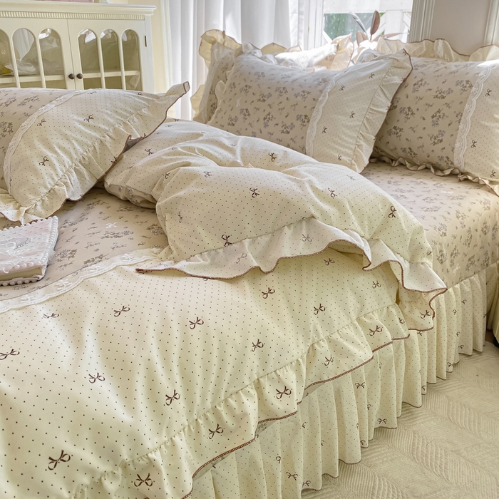 91家纺网 家纺一手货源 找家纺 皇谱家纺 2025新款A类有氧木棉床裙四件套 时光剪影-黄