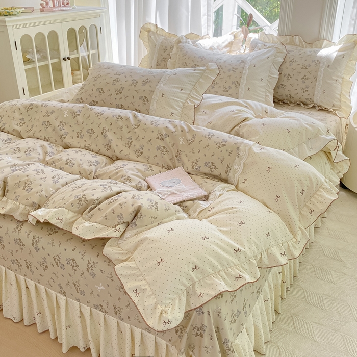 91家纺网 家纺一手货源 找家纺 皇谱家纺 2025新款A类有氧木棉床裙四件套 时光剪影-黄