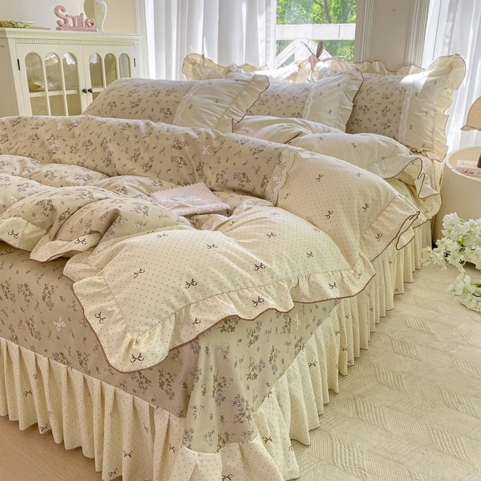 91家纺网 家纺一手货源 找家纺 皇谱家纺 2025新款A类有氧木棉床裙四件套 时光剪影-黄