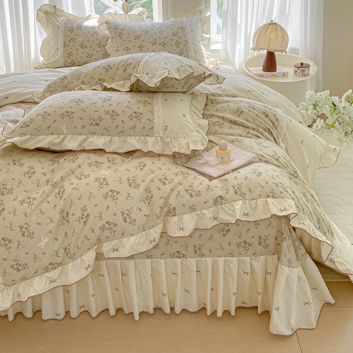 91家纺网 家纺一手货源 找家纺 皇谱家纺 2025新款A类有氧木棉床裙四件套 时光剪影-黄