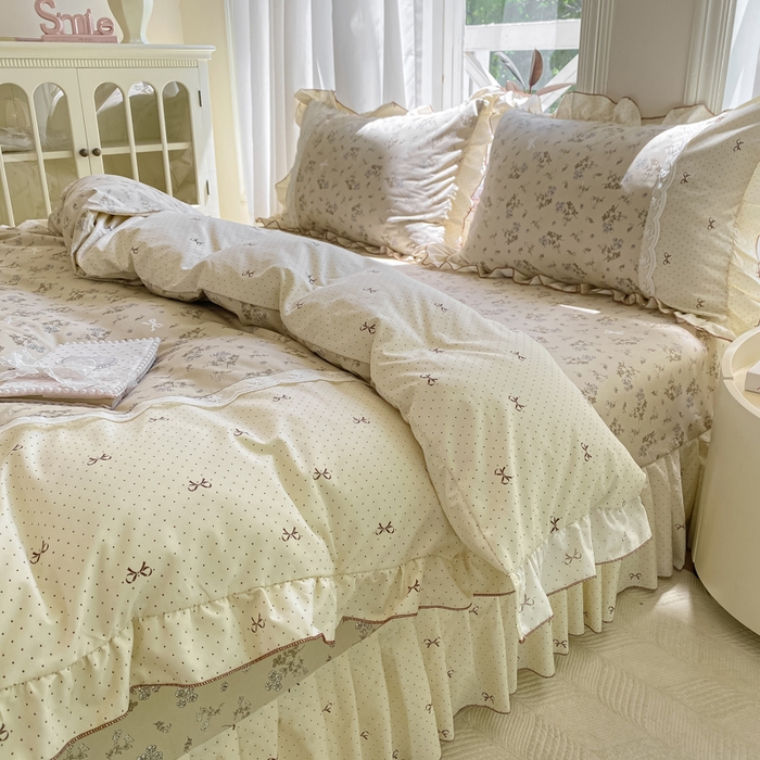 91家纺网 家纺一手货源 找家纺 皇谱家纺 2025新款A类有氧木棉床裙四件套 时光剪影-黄