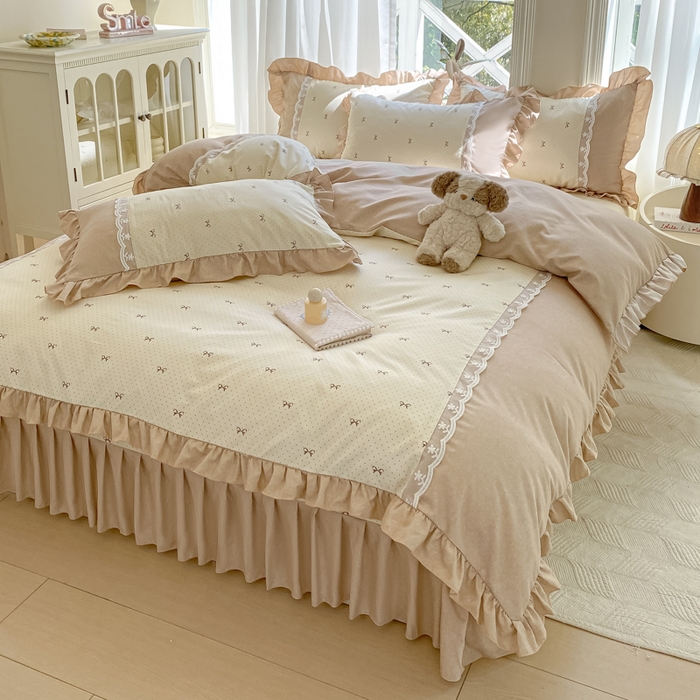 91家纺网 家纺一手货源 找家纺 皇谱家纺 2025新款A类有氧木棉床裙四件套 淑女屋-米黄