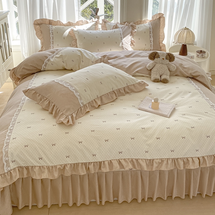 91家纺网 家纺一手货源 找家纺 皇谱家纺 2025新款A类有氧木棉床裙四件套 淑女屋-米黄