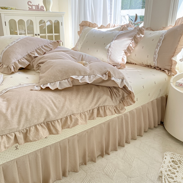 91家纺网 家纺一手货源 找家纺 皇谱家纺 2025新款A类有氧木棉床裙四件套 淑女屋-米黄