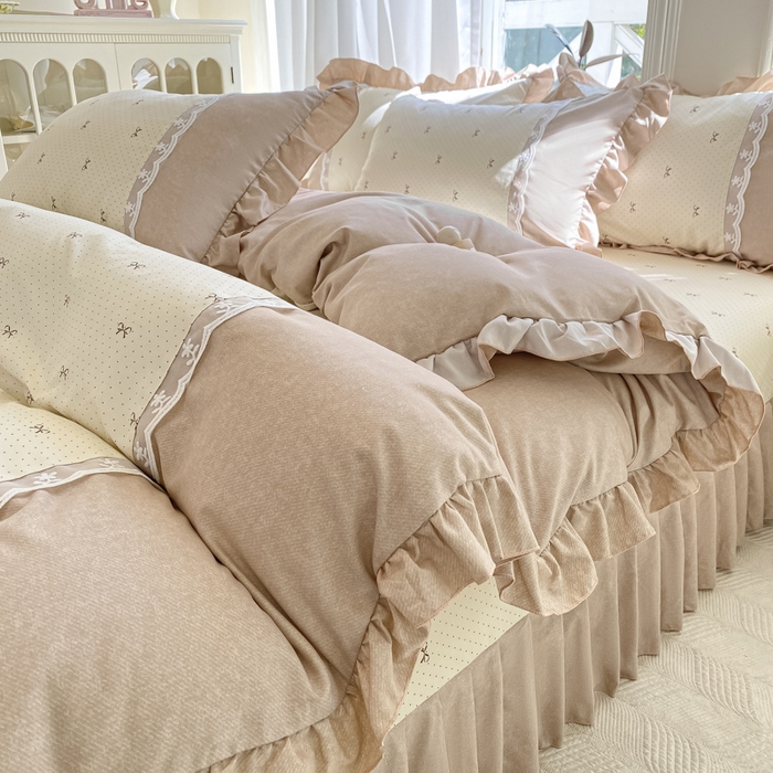 91家纺网 家纺一手货源 找家纺 皇谱家纺 2025新款A类有氧木棉床裙四件套 淑女屋-米黄