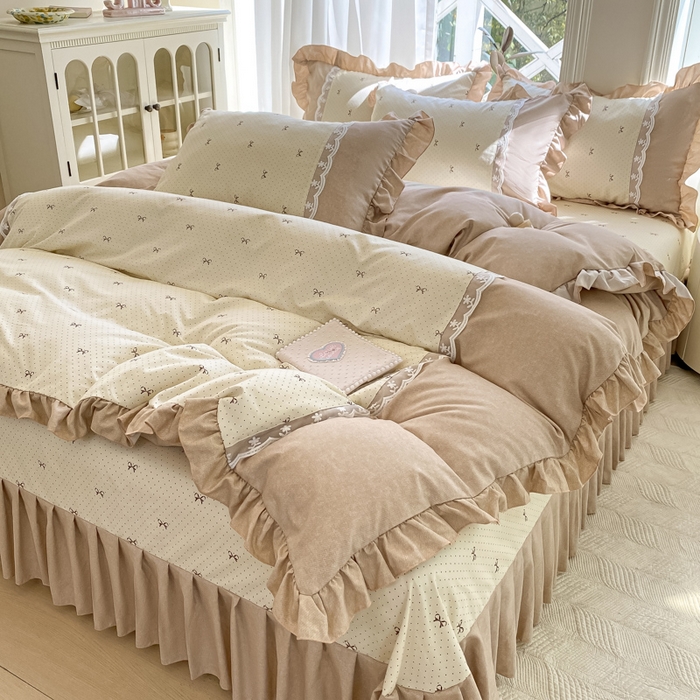 91家纺网 家纺一手货源 找家纺 皇谱家纺 2025新款A类有氧木棉床裙四件套 淑女屋-米黄